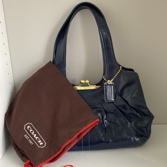 Coach Patent Navy Pleated Framed Satchel - Picture 10 of 10